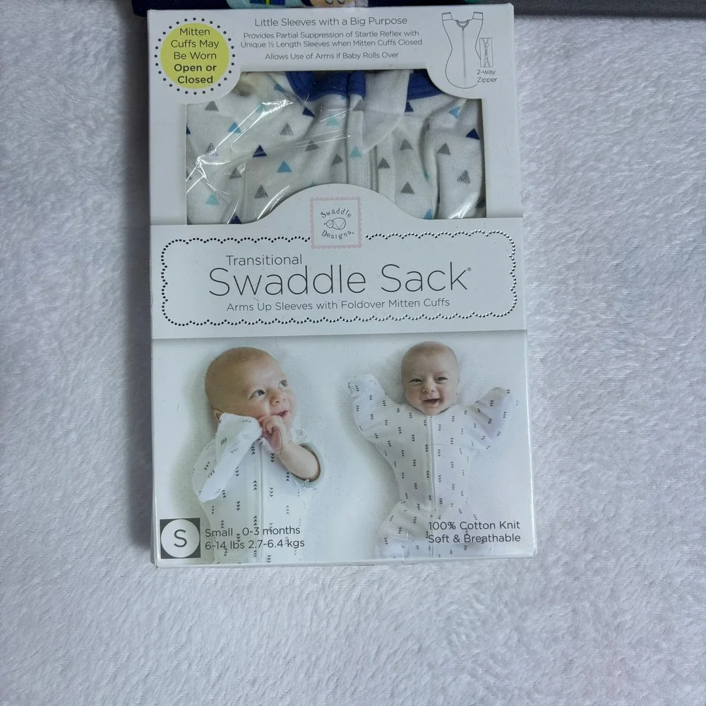 SwaddleDesigns Transitional Swaddle Sack Baby Small White Blue New Mitten Cuffs